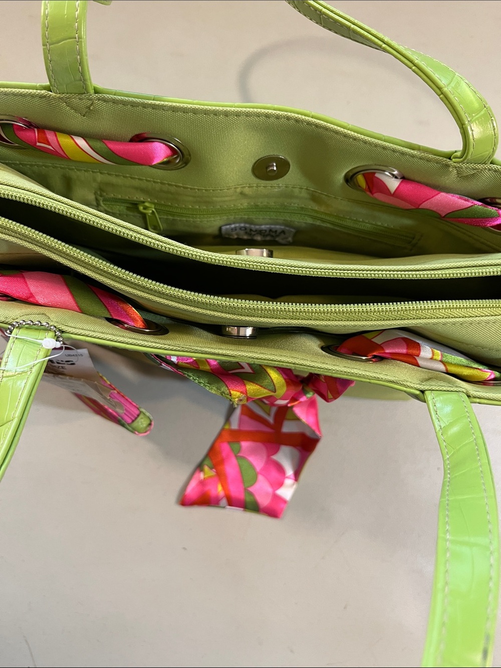 SONOMA Lime Green Tote with Pink Multicolor Scarf Accent - Picture 3 of 4